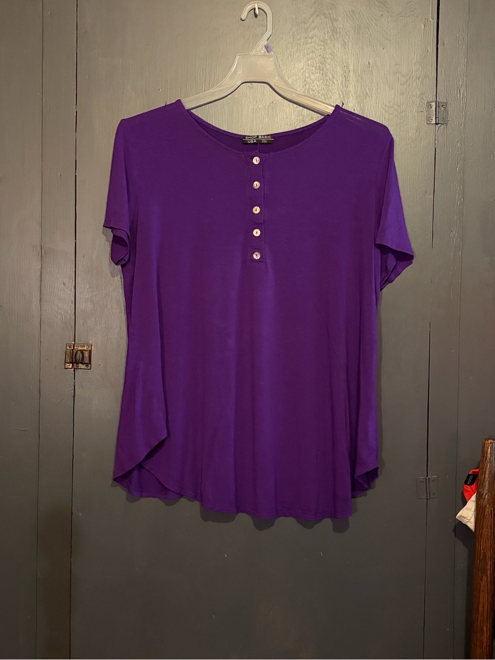 Purple Short-Sleeve Henley Tee with Button Front
